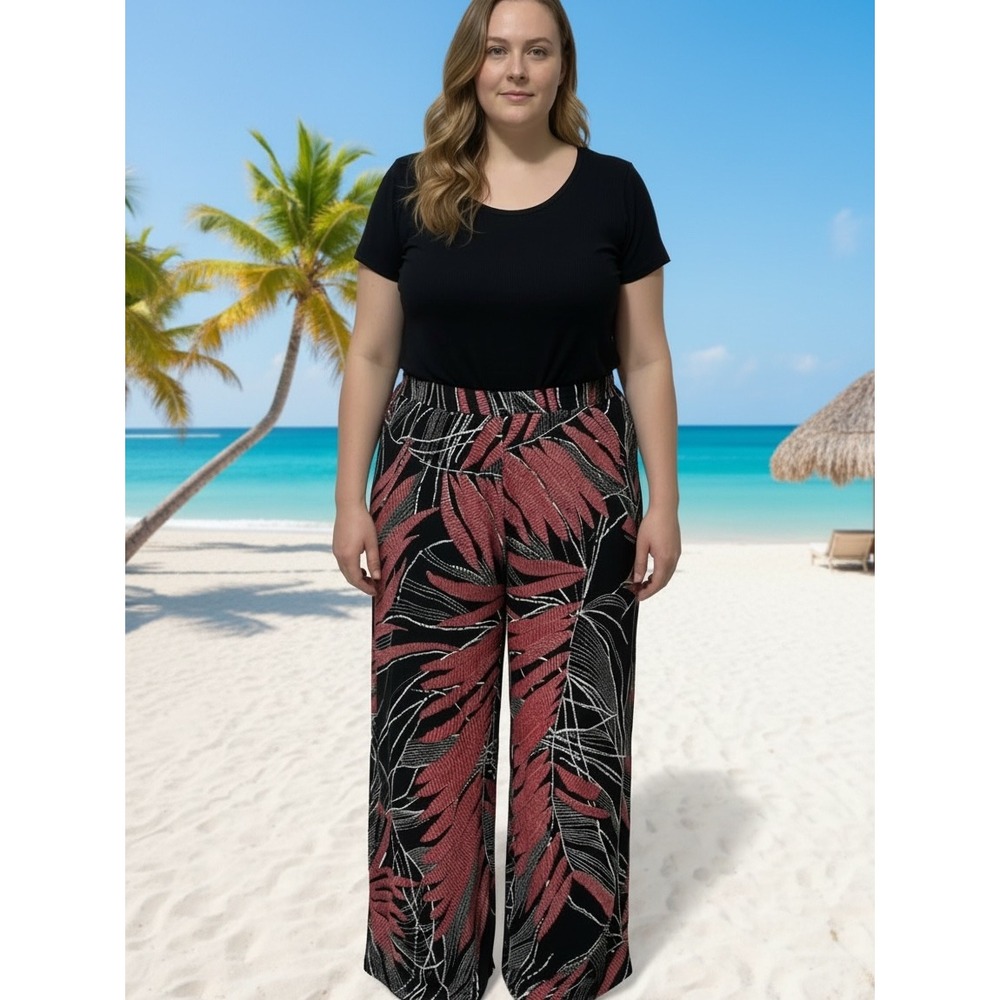 Susan Graver Liquid Knit Wide Leg Tropical Palm Print Pants Black Red XL
